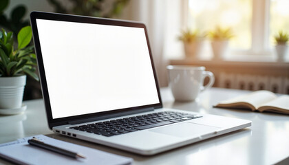 Fototapeta premium Creative workspace with laptop displaying project, professional inspiration