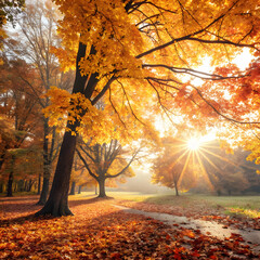 Beautiful natural autumn background sunlight shining on leaves