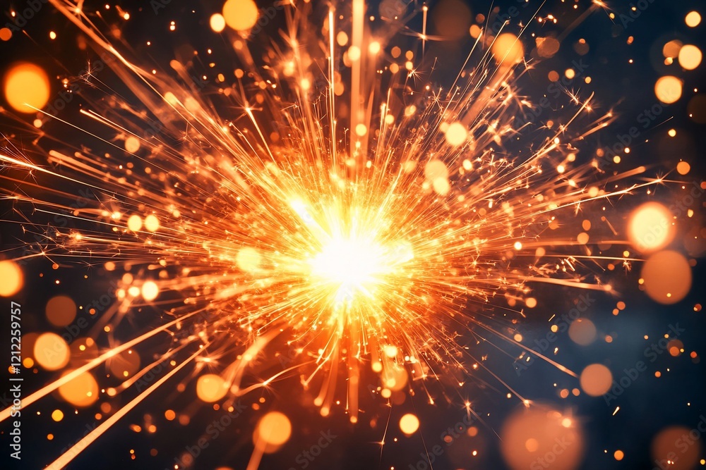 Poster bright burning sparkler with glowing embers and bokeh lights on dark background.