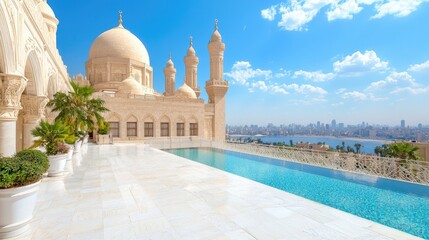 Naklejka premium Luxury palace terrace with a swimming pool overlooking a coastal city skyline under a clear blue sky.