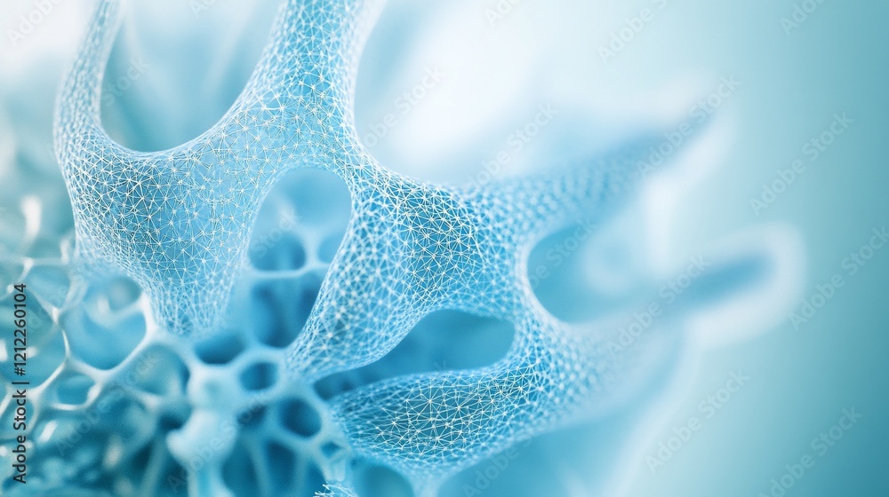 Poster abstract close-up of a light blue, porous, organic structure resembling a network or sponge-like mat