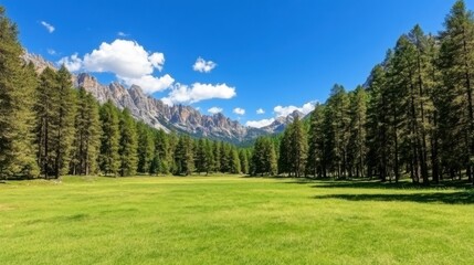 Fototapeta premium A serene landscape featuring lush green grass surrounded by towering pine trees and majestic mountains under a bright blue sky with fluffy white clouds.