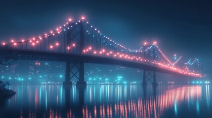 Obraz premium Illuminated Minimalist Bridge at Night, a low poly design showcasing a bridge adorned with lights against a dark backdrop, serene and modern ambiance