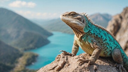 Obraz premium turquoise lizard basks on rugged rocks, with breathtaking views of a serene lake and distant mountains under a sunny sky, highlighting nature's beauty