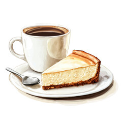 illustration of Caramel Cheesecake Slice with Whipped Cream and Coffee on a White Plate, isolated on a white background.