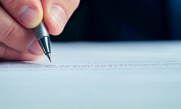 A close-up of a hand holding a pen, writing on a blank sheet of paper, conveying focus and creativity in a professional setting.