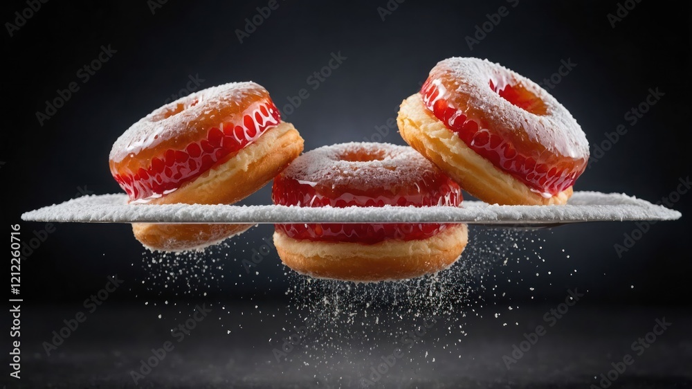 Wall mural Three doughnuts with a glossy finish, dusted with powdered sugar, floating on a plate.