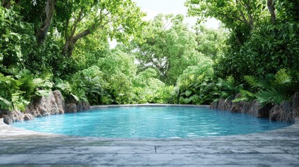 Fototapeta premium Lush jungle pool; tranquil escape; serene oasis; calming background; relaxation imagery