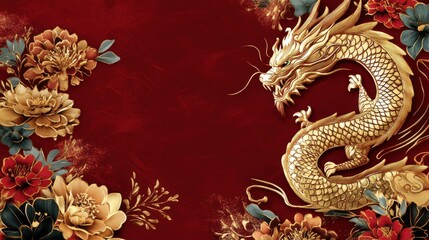 Fototapeta premium Majestic Golden Dragon Surrounded by Vibrant Flowers, Traditional Chinese Art, Red Background, Cultural Heritage, Artistic Representation