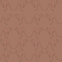 Graphic silhouettes of kangaroos on a light brown background. Fresco illustration wallpaper. Seamless Australian animal pattern.