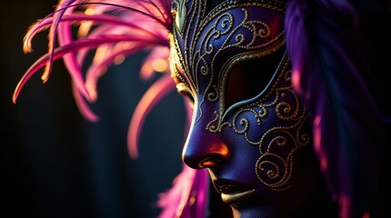 Naklejka premium Purple Feathered Carnival Mask with Intricate Silver Design for Mardi Gras Festivities