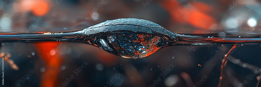 Poster Abstract underwater macro shot of a dark-colored object submerged in water with an orange blurred background.