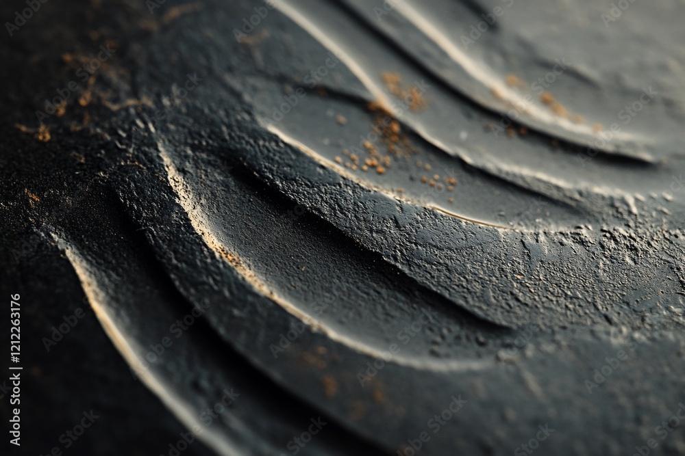 Poster close-up of dark, textured surface with wave-like patterns and gold accents.