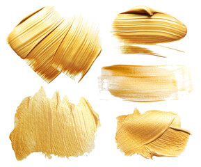 Gold paint strokes on white background, set