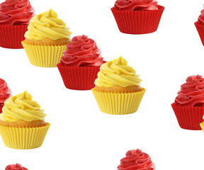Pattern of cupcakes with bright cream on white background