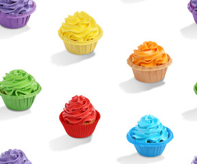 Pattern of cupcakes with bright cream on white background