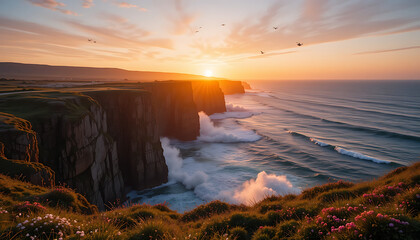 Naklejka premium Coastal Cliffs at Sunset with Crashing Waves, Twilight Sky, and Seagulls in Flight