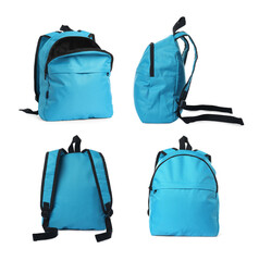 Light blue backpack isolated on white, collage. Different sides