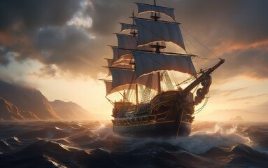 A pirate ship sailing on ocean, created with Generative Ai technology