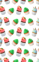 Pattern of cupcakes with bright cream on white background