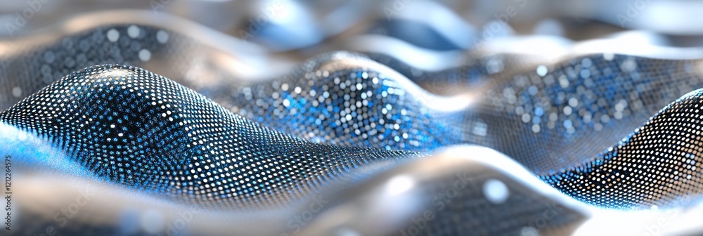 Poster Abstract blue and silver wave pattern, digital rendering of flowing data points.