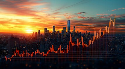 Fototapeta premium A digital display shows falling interest rates, with a modern cityscape in the background, representing the economic outlook and financial trends, offering space for additional text or graphics.