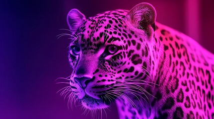 Obraz premium Glowing leopard face highlighted vividly in vibrant neon light purple background scene