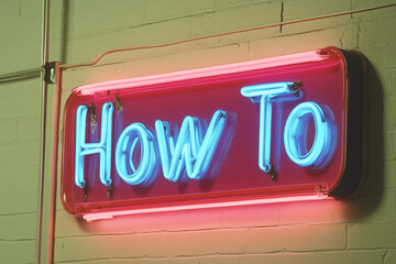 Neon How To Sign: A vibrant pink and blue neon sign displaying "How To" against a textured brick wall.  The image is a statement of guidance, instruction, and problem-solving.