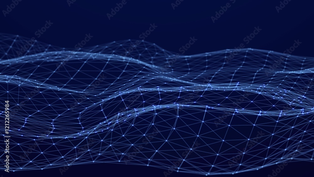 Poster Abstract polygonal space with dots and lines motion. Dynamic triangular wave background. 3d . 