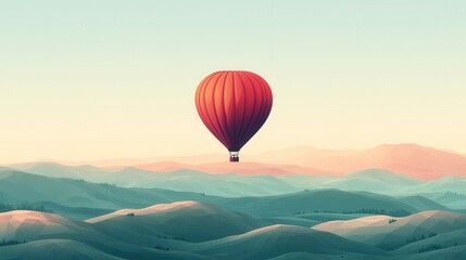 Fototapeta premium Minimalist Hot Air Balloon Over Countryside, simple design, vibrant colors, serene landscape, evoking tranquility and freedom