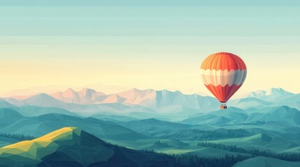 Obraz premium Minimalist Hot Air Balloon Over Countryside, a simple yet elegant depiction of a balloon floating above serene fields, showcasing tranquility and freedom