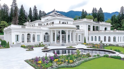 Obraz premium Grand White Mansion Mountain View Luxury Home Estate Garden Flowers