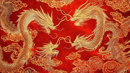 Fototapeta premium Dynamic Golden Dragons Engaged in Battle, Vibrant Red Background, Artistic Illustration, Cultural Significance, Close-Up View, Chinese Mythology