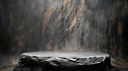 Dark stone platform against a textured wall.