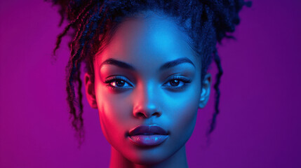 Obraz premium A young woman with beautiful curls gazes intently at the viewer, illuminated by vivid blue and pink lights. The dramatic colors enhance her facial features and create a captivating atmosphere.