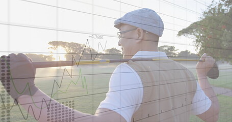 Image of digital data processing over asian male golf player on golf course