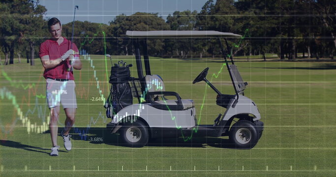 Image of digital data processing over caucasian male golf player on golf course