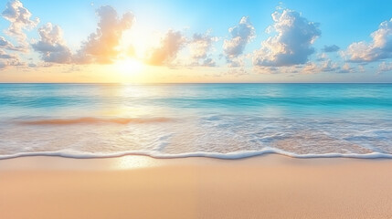 Close-up of sand on the beach, with blurred background of sea and sky, sunny day and clear blue sky