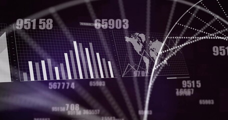 Image of dna strand and digital data processing over black background