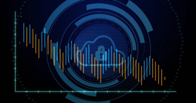 Image of padlock with cloud, digital data processing over scope scanning on dark background