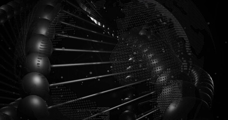 Image of dna strand, scientific data processing over globe spinning