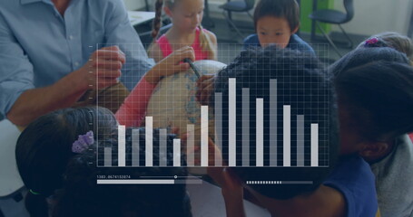 Image of statistics and data processing over diverse schoolchildren and male teacher