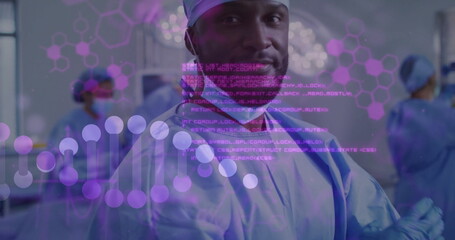 Image of data processing and dna strand over diverse surgeons wearing face masks