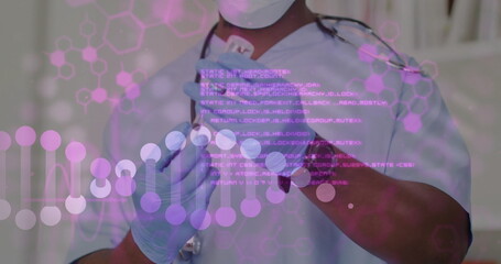 Image of data processing and dna strand over biracial male doctor holding vaccine