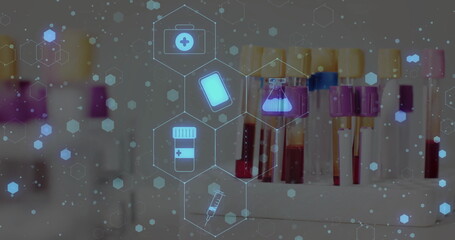 Image of medical icons over vials on white background