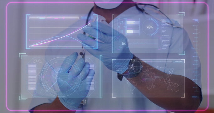 Image of data processing and world map over biracial male doctor preparing vaccine - Powered by Adobe