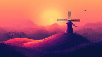 Obraz premium Minimalist Windmill on Hill, a low poly design showcasing a solitary windmill gracefully positioned atop a serene hill, simplicity meets elegance.