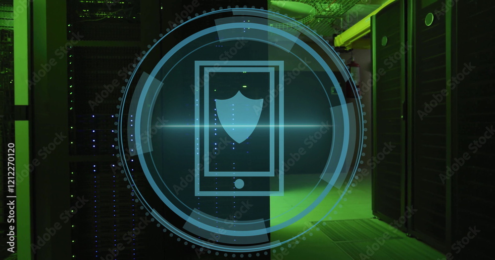 Poster image of shield icon and digital data processing over computer servers