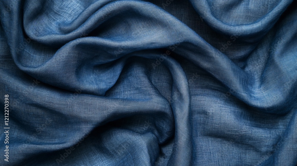 Poster close-up of draped blue fabric with soft folds and wrinkles, showcasing texture and color.