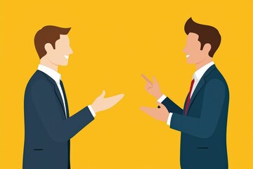 Fototapeta premium Professional Conversation Between Two Businessmen in Suits with Yellow Background, Symbolizing Negotiation, Communication, and Networking
